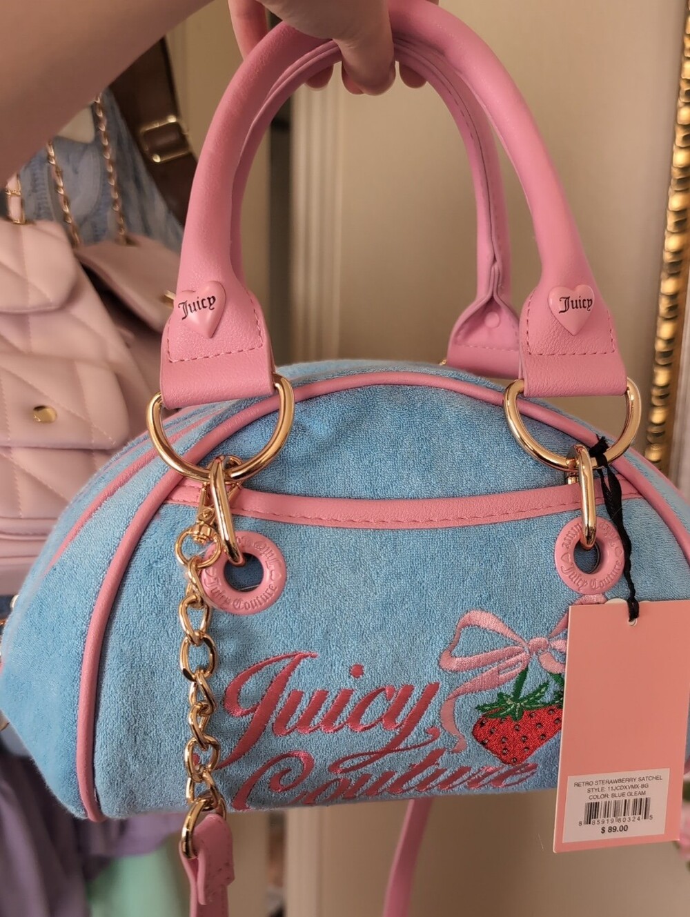 Juicy Couture Blue & Pink Bowler Bag with Strawberry Embroidery